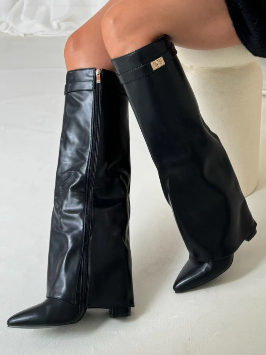 Thigh High Leather Boots with Adjustable Buckle and Block Heel, Cushioned Insole
