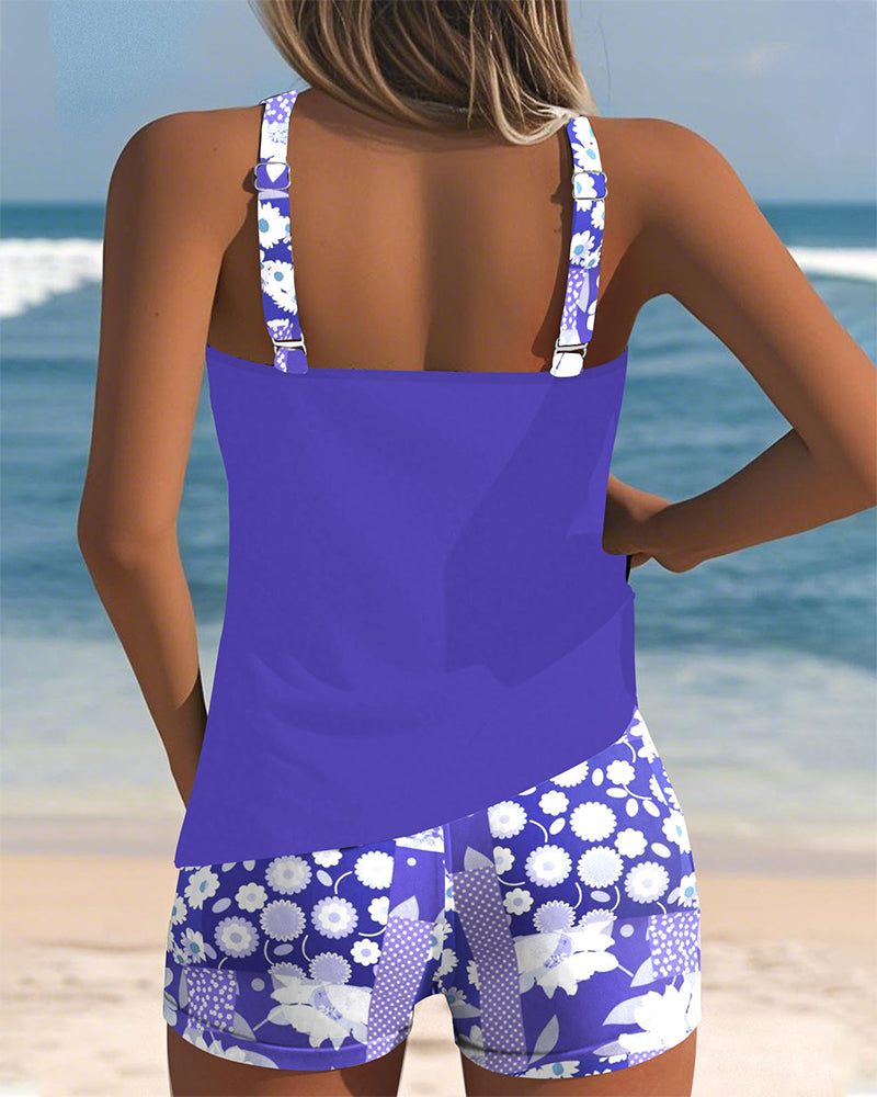 Tank-Style Swimsuit with Adjustable Straps and Floral Shorts