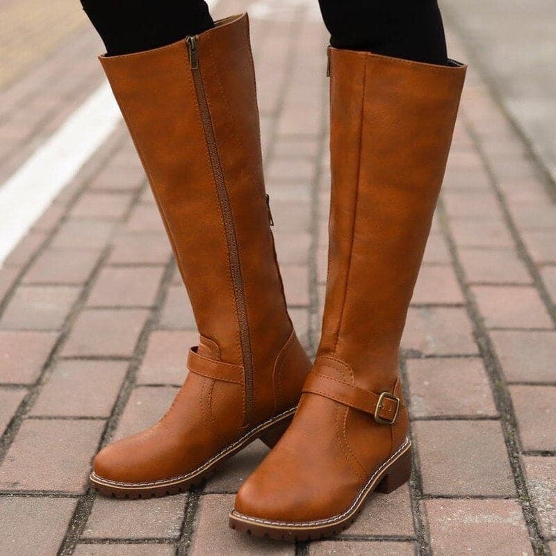 Knee-High Boots for Women with Decorative Buckle and Inner Side Zip, Soft Lining
