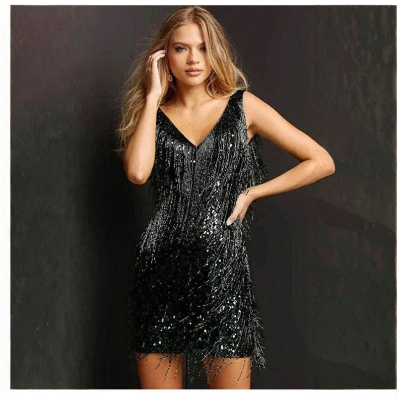 Womens A-Line Cocktail Dress with Cascading Fringe and Sequin Accents
