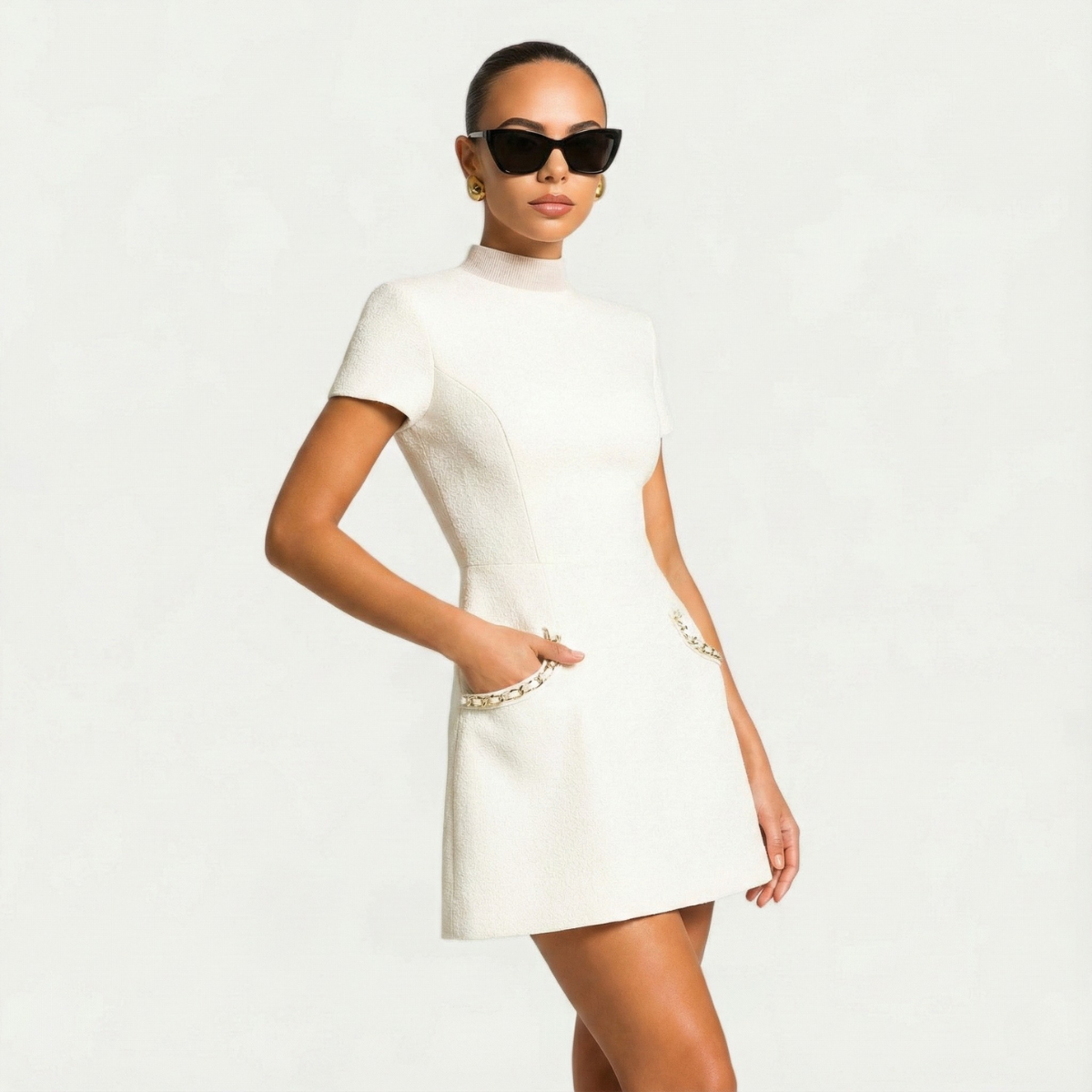 Mini Dress with Pearl Trim Detail and Functional Pockets, Silhouette
