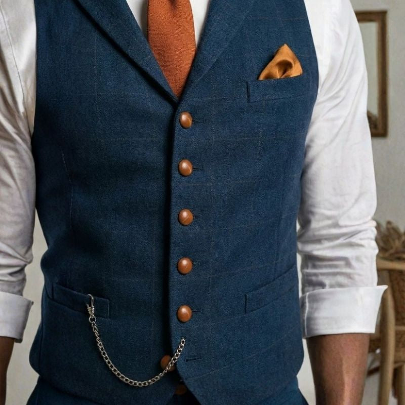 Mens Tweed Waistcoat with Notched Collar and Button Closure, Checked Silhouette
