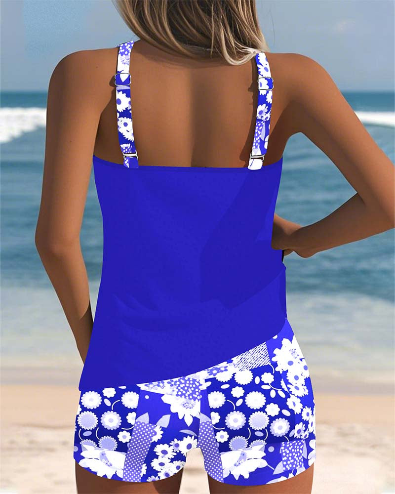 Tank-Style Swimsuit with Adjustable Straps and Floral Shorts