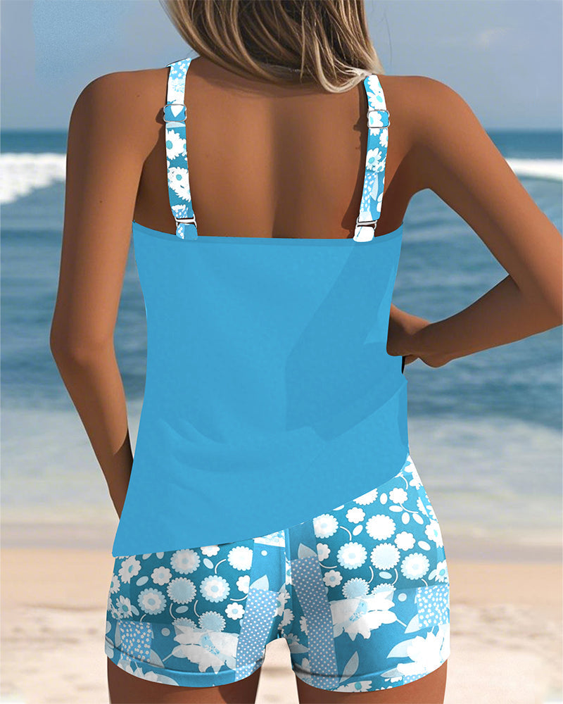 Tank-Style Swimsuit with Adjustable Straps and Floral Shorts