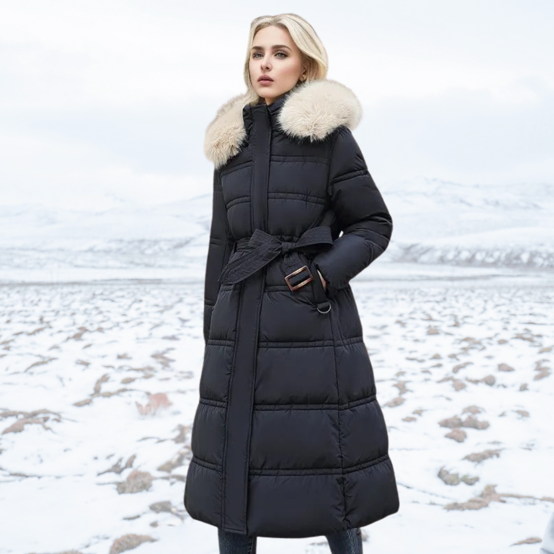 Women's Long Puffer Coat with High Collar and Quilted Fill, Full-Length Zipper