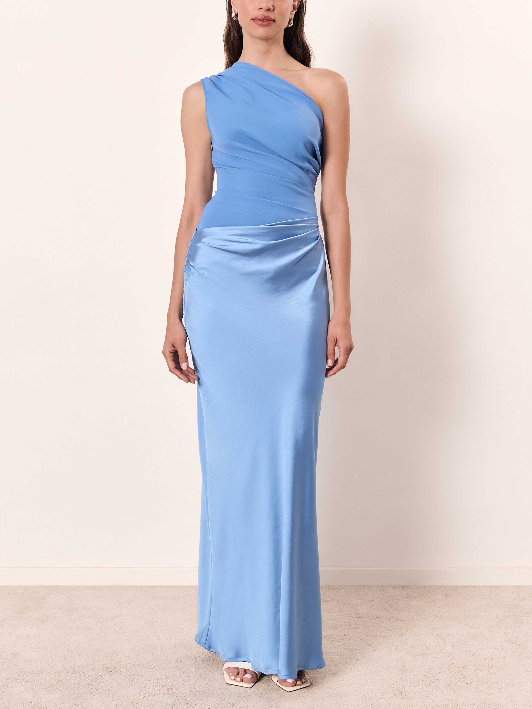 One Shoulder Maxi Dress with Pleated Asymmetric Waist and Full Lining, Floor-Length