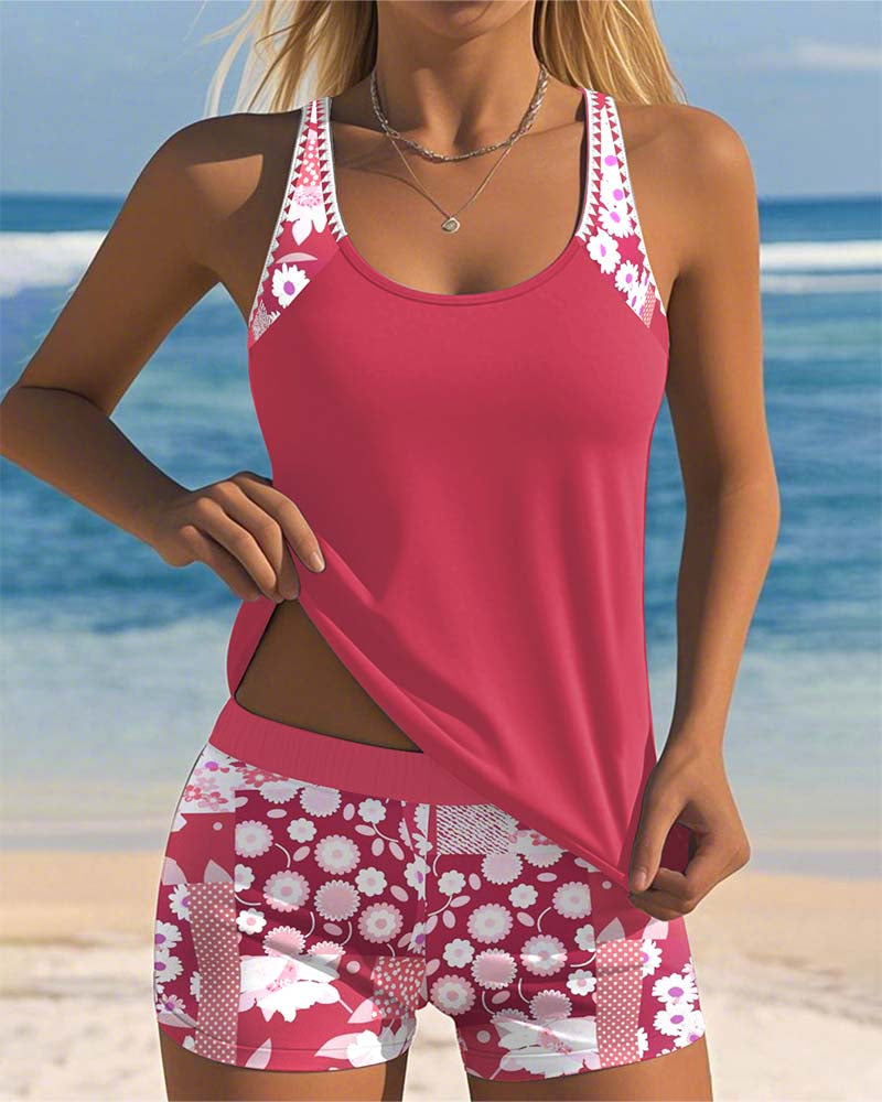 Tank-Style Swimsuit with Adjustable Straps and Floral Shorts