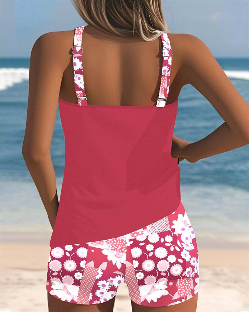 Tank-Style Swimsuit with Adjustable Straps and Floral Shorts