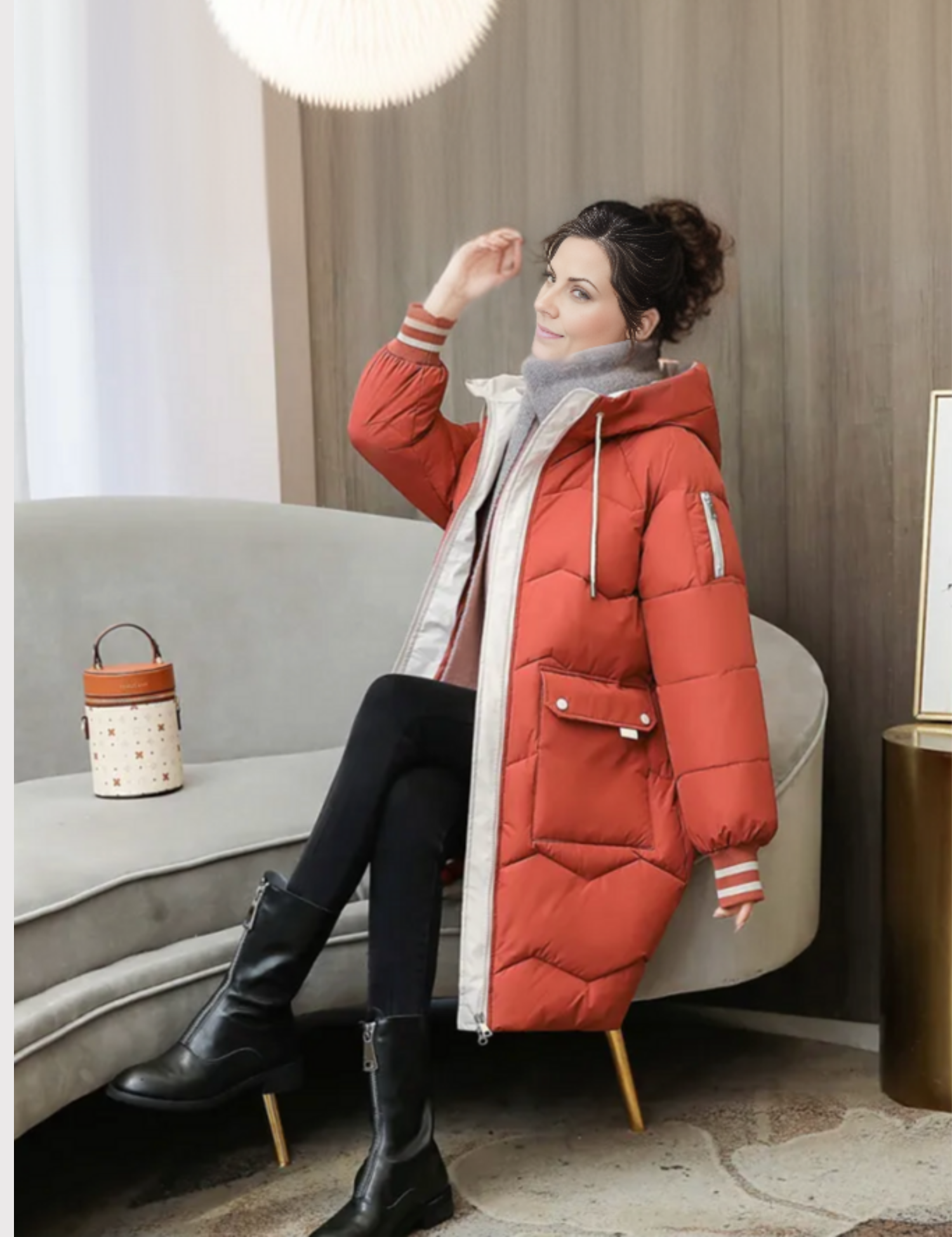 Women's Long Puffer Jacket with Attached Hood and Zippered Hand Pockets, Machine Washable