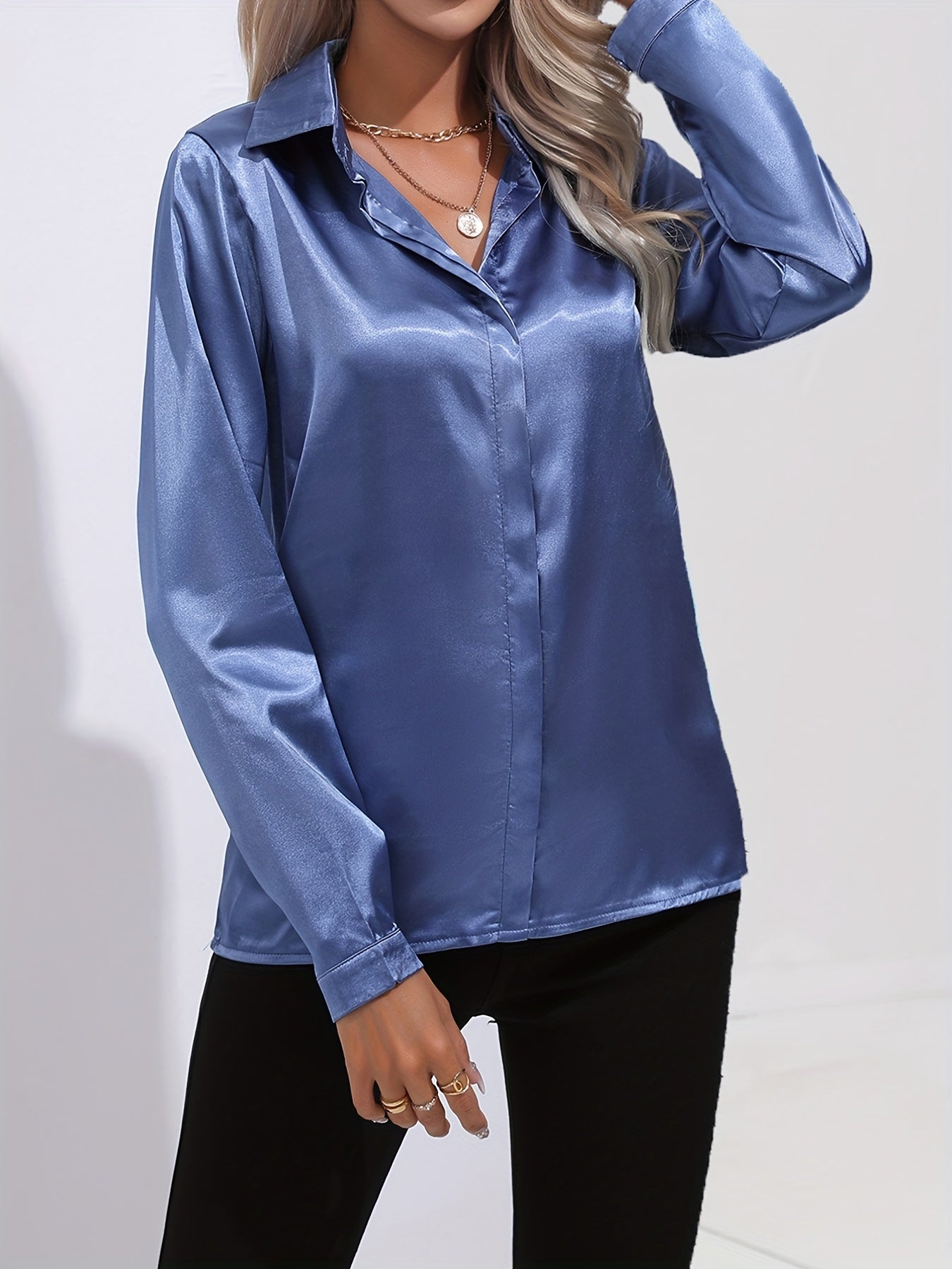 Satin Blouse for Women with Button Down Front and Long Sleeves, Tailored Relaxed Fit