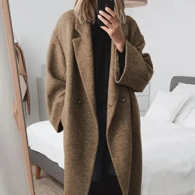 Women's Long Coat with Wool Blend and Double-Breasted Closure, Oversized Relaxed Fit