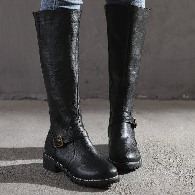 Knee-High Boots for Women with Decorative Buckle and Inner Side Zip, Soft Lining
