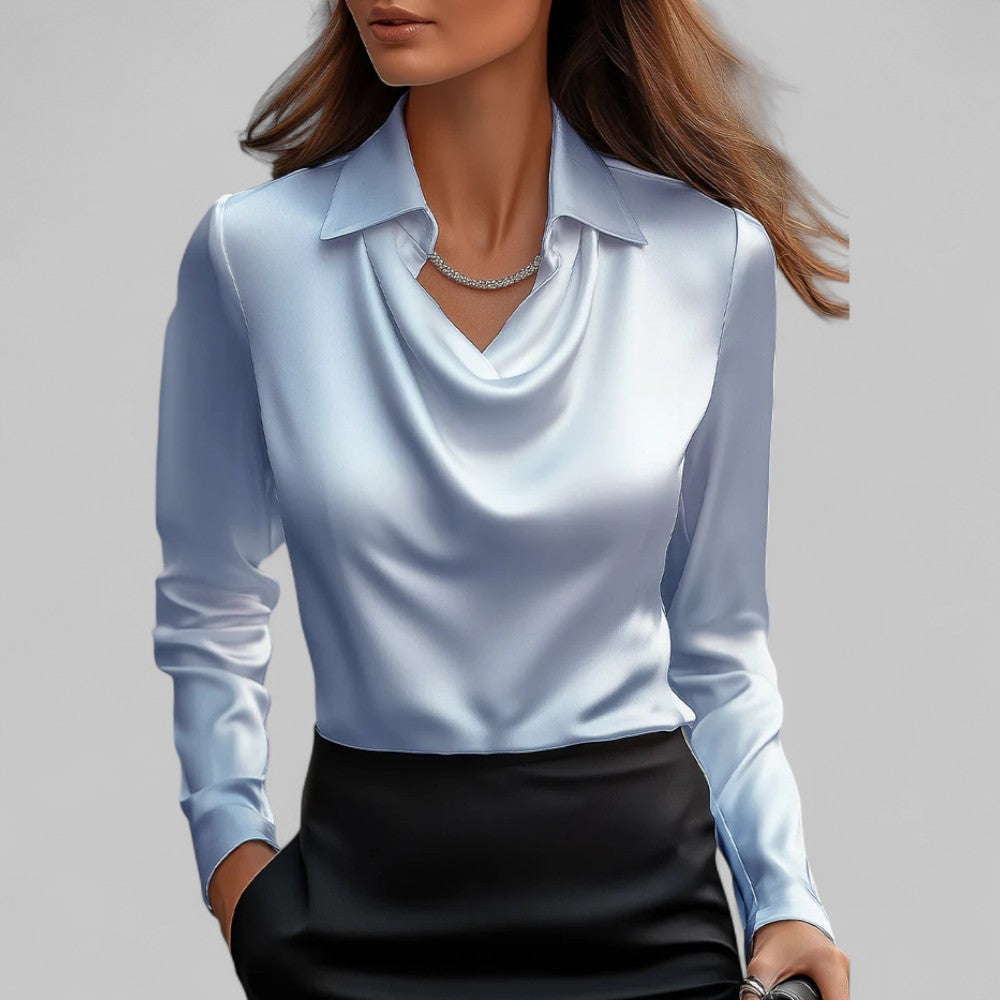 Women's Satin Blouse with Draped Neckline and Long Sleeves, Relaxed Tailored Fit