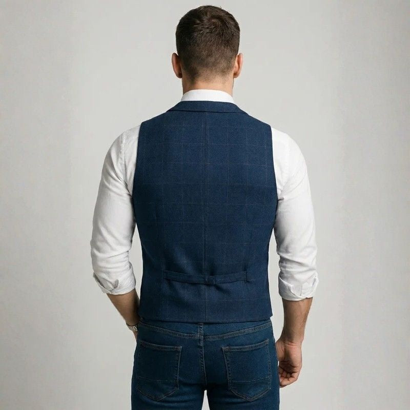 Mens Tweed Waistcoat with Notched Collar and Button Closure, Checked Silhouette