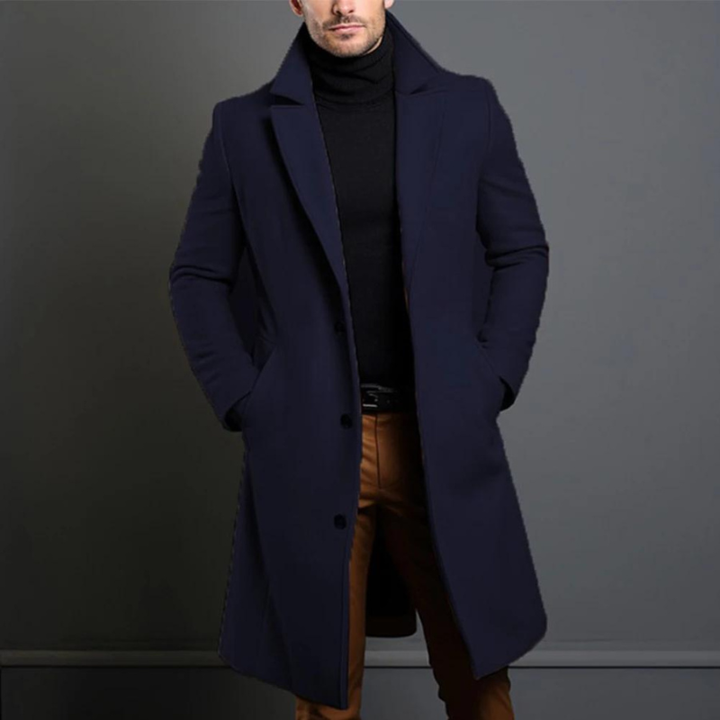 Men's Long Overcoat with Classic Lapel and Tailored Wool-Blend, Single-Breasted