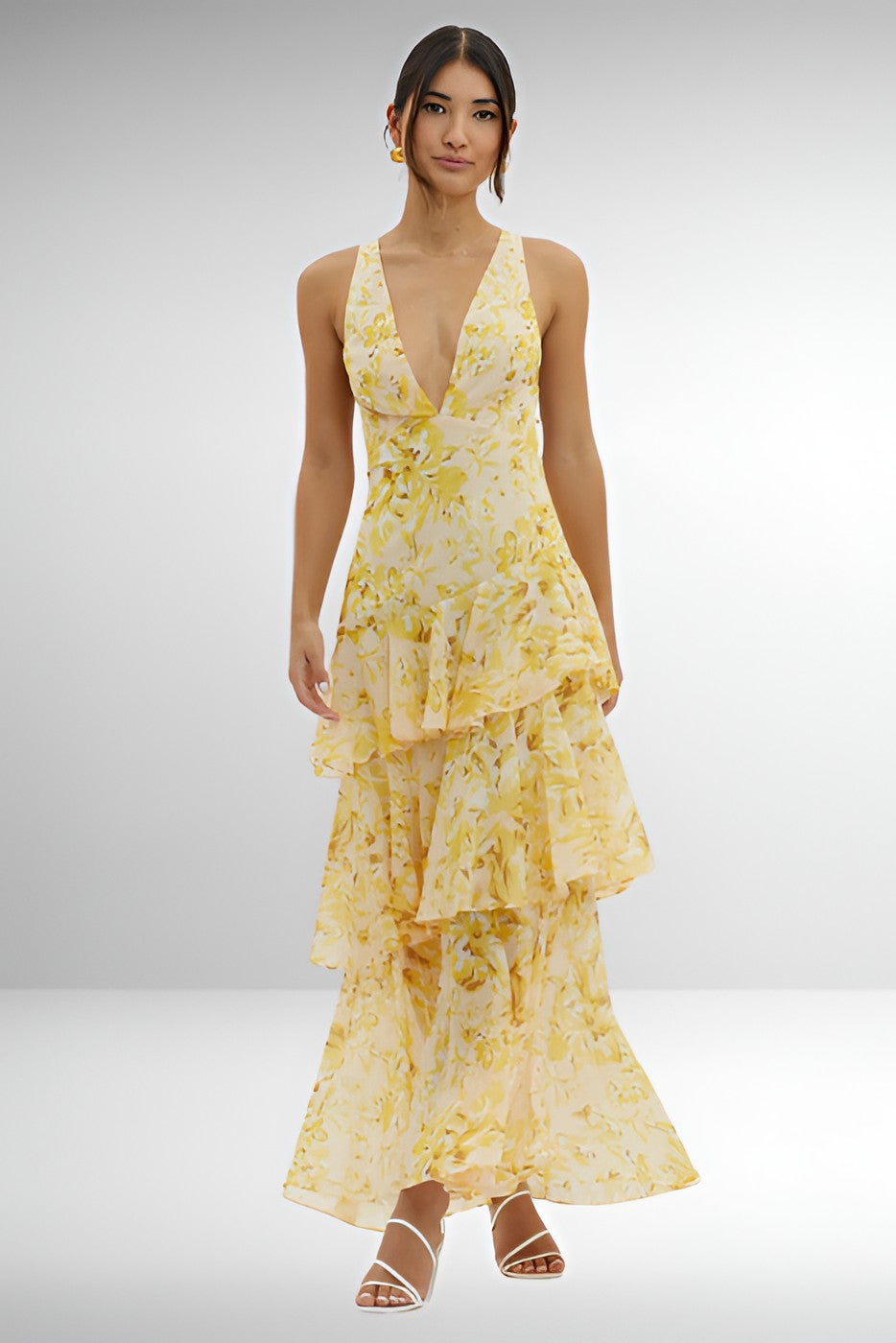 Maxi Dress with Lightweight Chiffon and Deep V-Neck, Tiered Ruffle Skirt