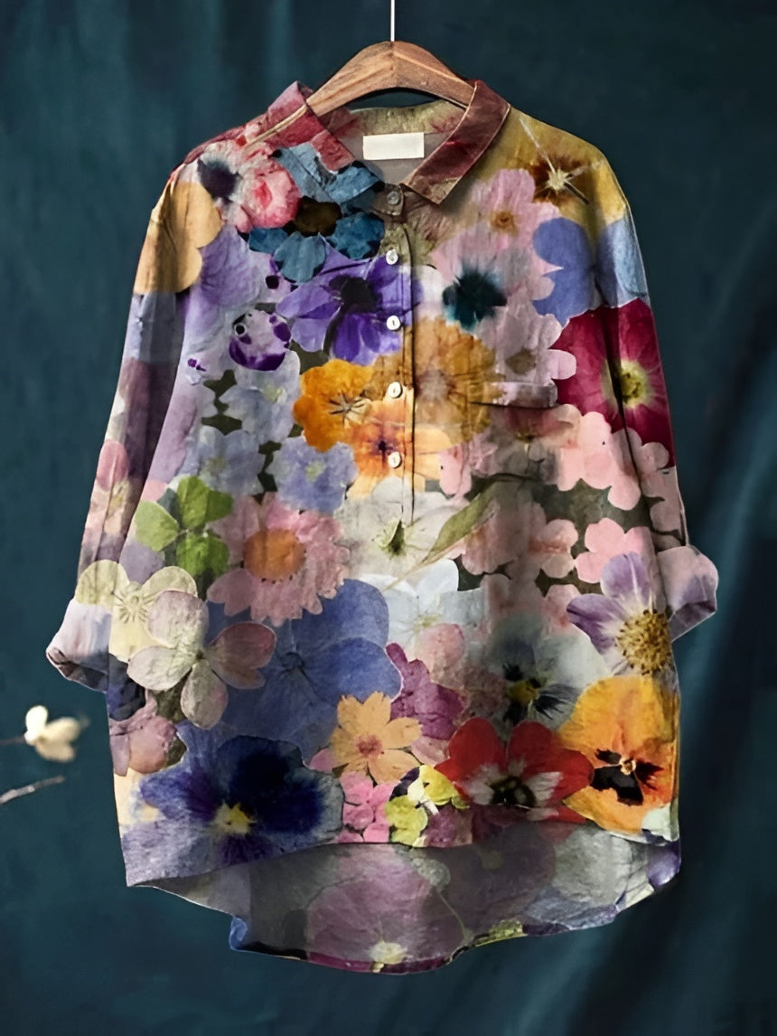 Women's Floral Blouse with Breathable Woven Fabric and Relaxed Fit, Long Sleeve