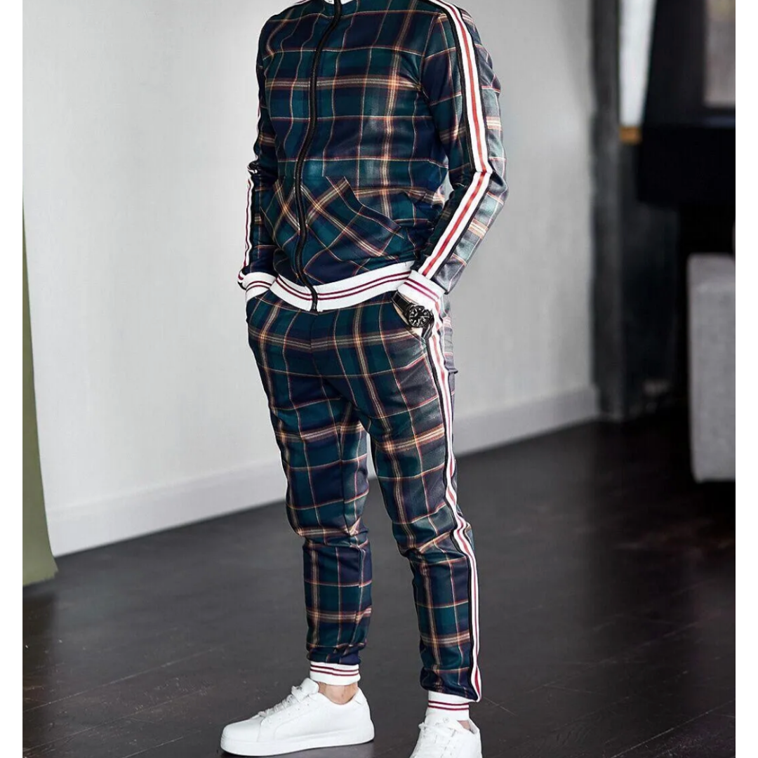 Men's Jogging Tracksuit with Plaid Design and Side Stripes, Breathable Stretch Fabric