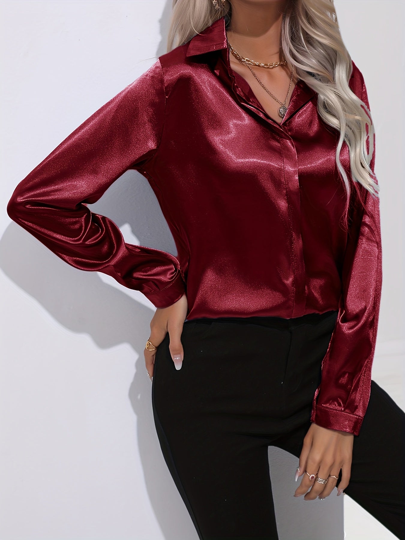 Satin Blouse for Women with Button Down Front and Long Sleeves, Tailored Relaxed Fit