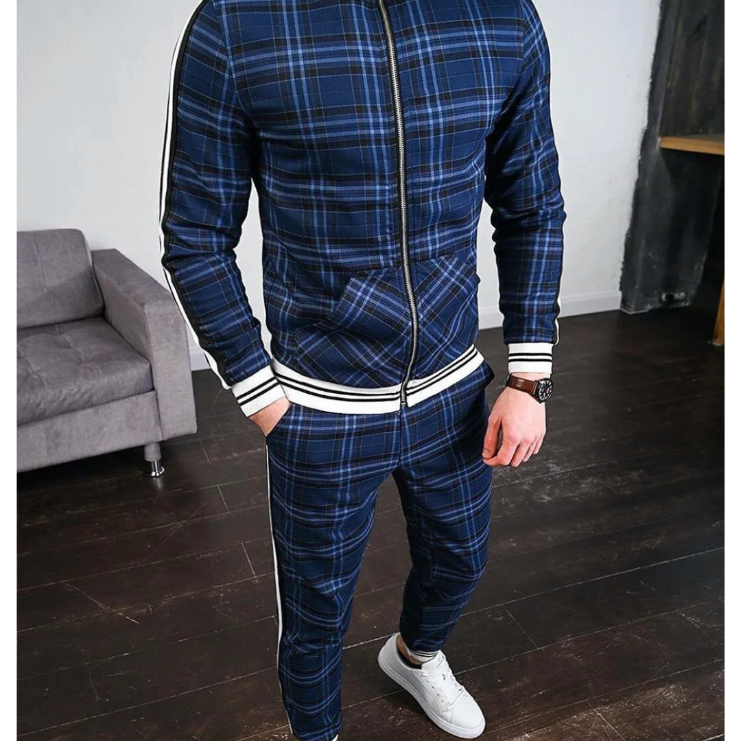 Men's Jogging Tracksuit with Plaid Design and Side Stripes, Breathable Stretch Fabric