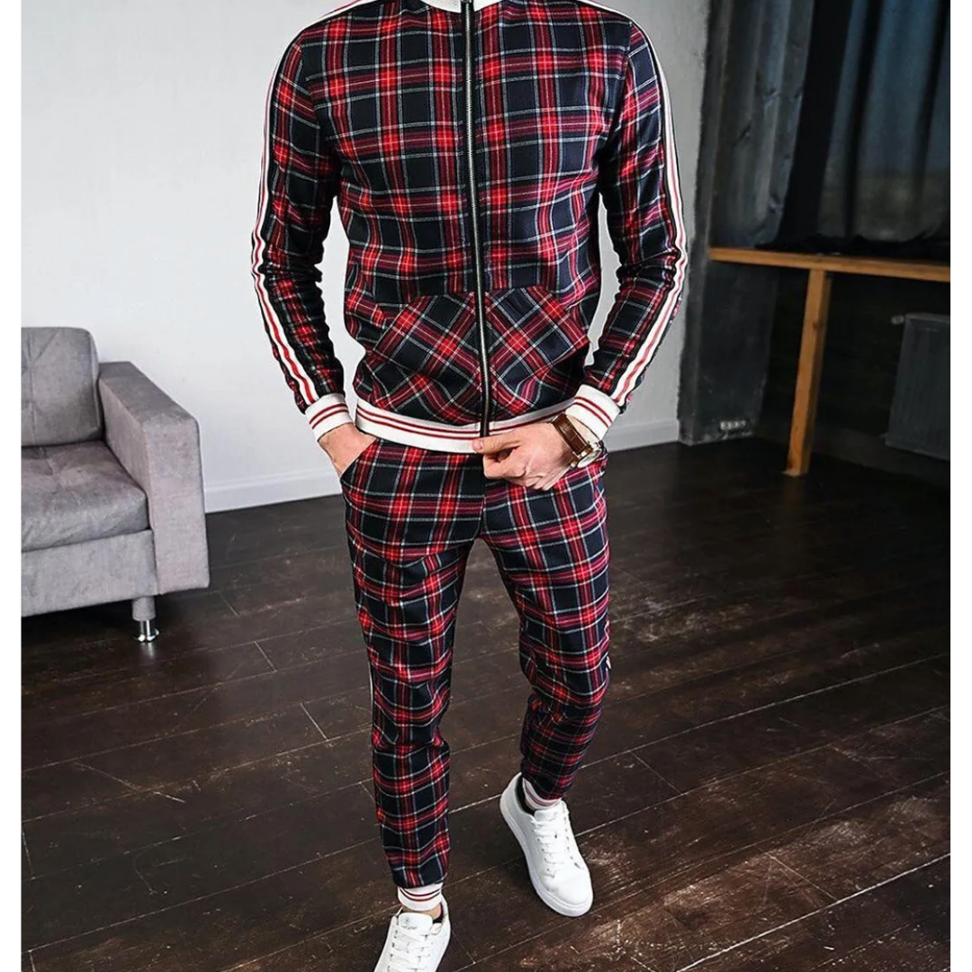 Men's Jogging Tracksuit with Plaid Design and Side Stripes, Breathable Stretch Fabric