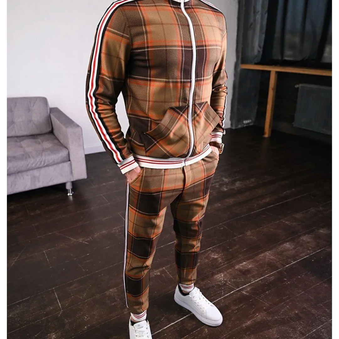 Men's Jogging Tracksuit with Plaid Design and Side Stripes, Breathable Stretch Fabric