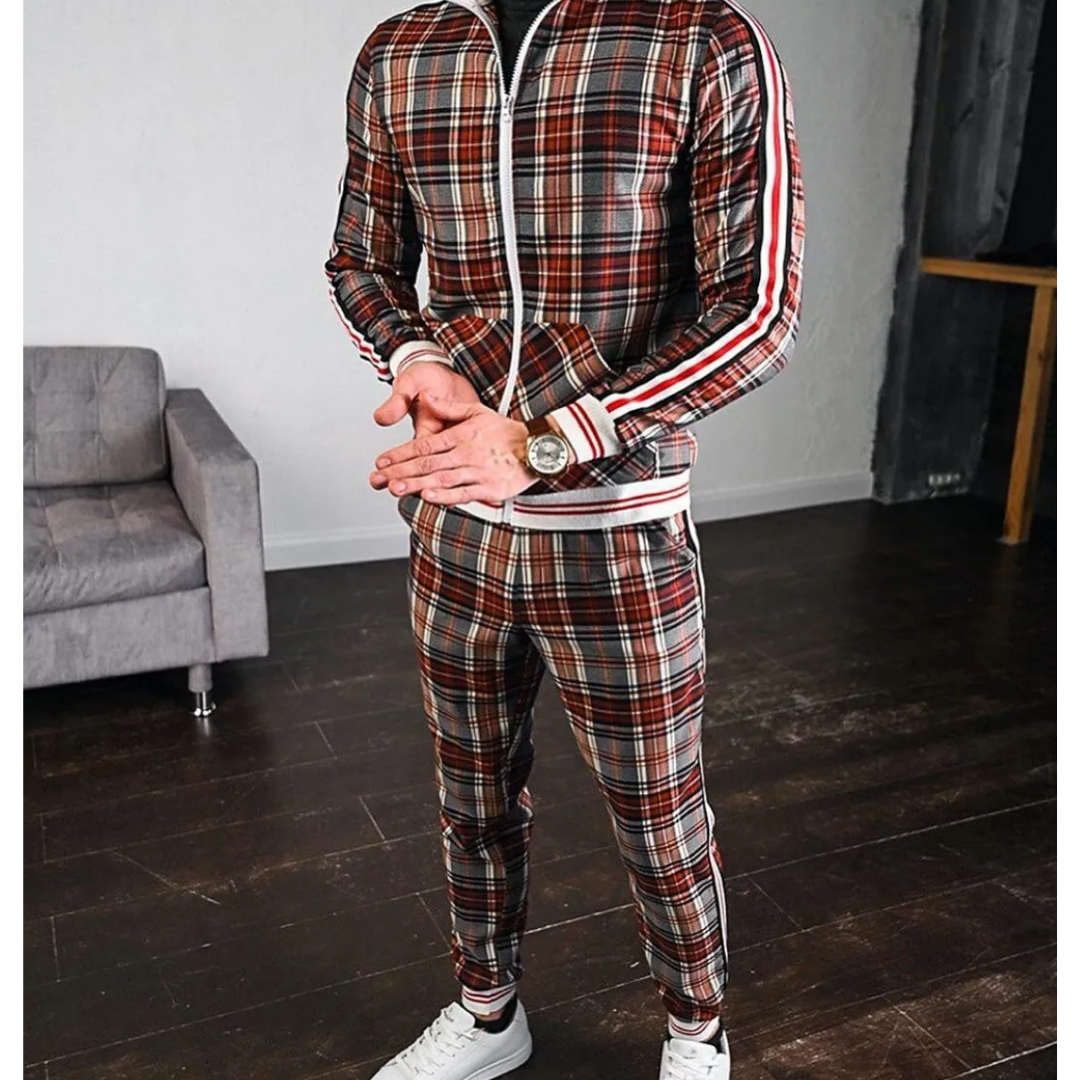 Men's Jogging Tracksuit with Plaid Design and Side Stripes, Breathable Stretch Fabric