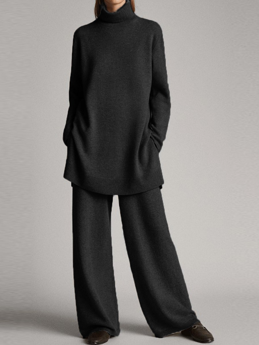 Women's Two-Piece Lounge Set with High Neck and Wide-Leg Pants, Relaxed Knit