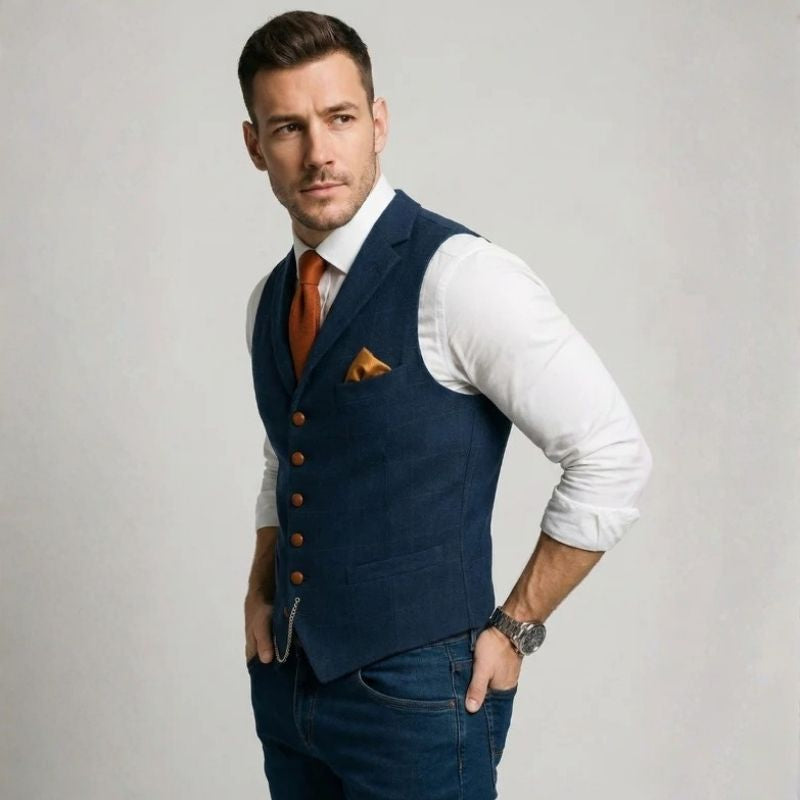 Mens Tweed Waistcoat with Notched Collar and Button Closure, Checked Silhouette