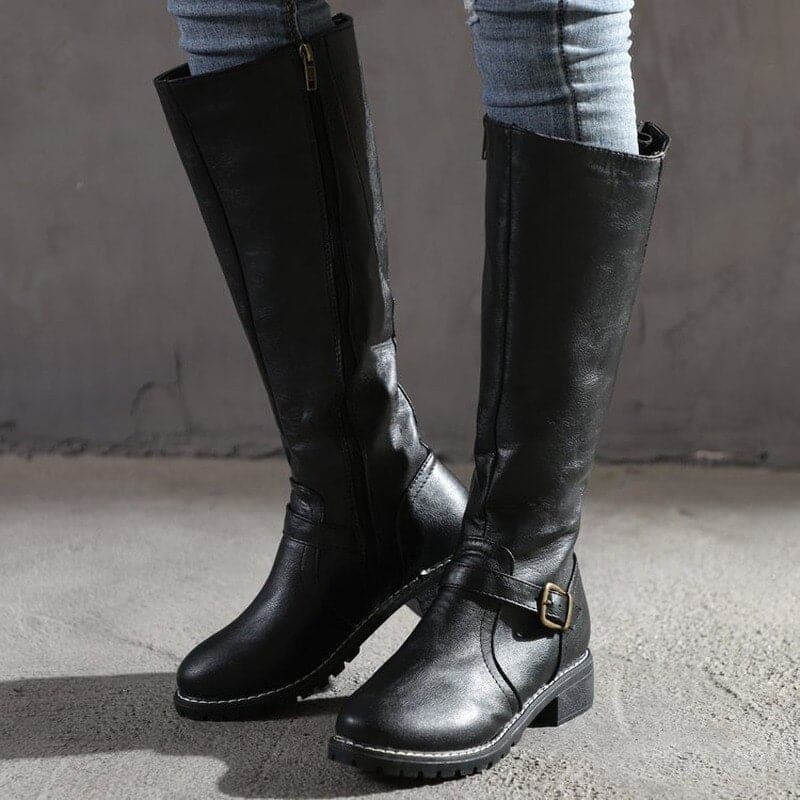 Knee-High Boots for Women with Decorative Buckle and Inner Side Zip, Soft Lining