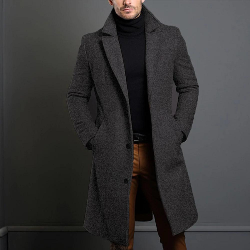 Men's Long Overcoat with Classic Lapel and Tailored Wool-Blend, Single-Breasted