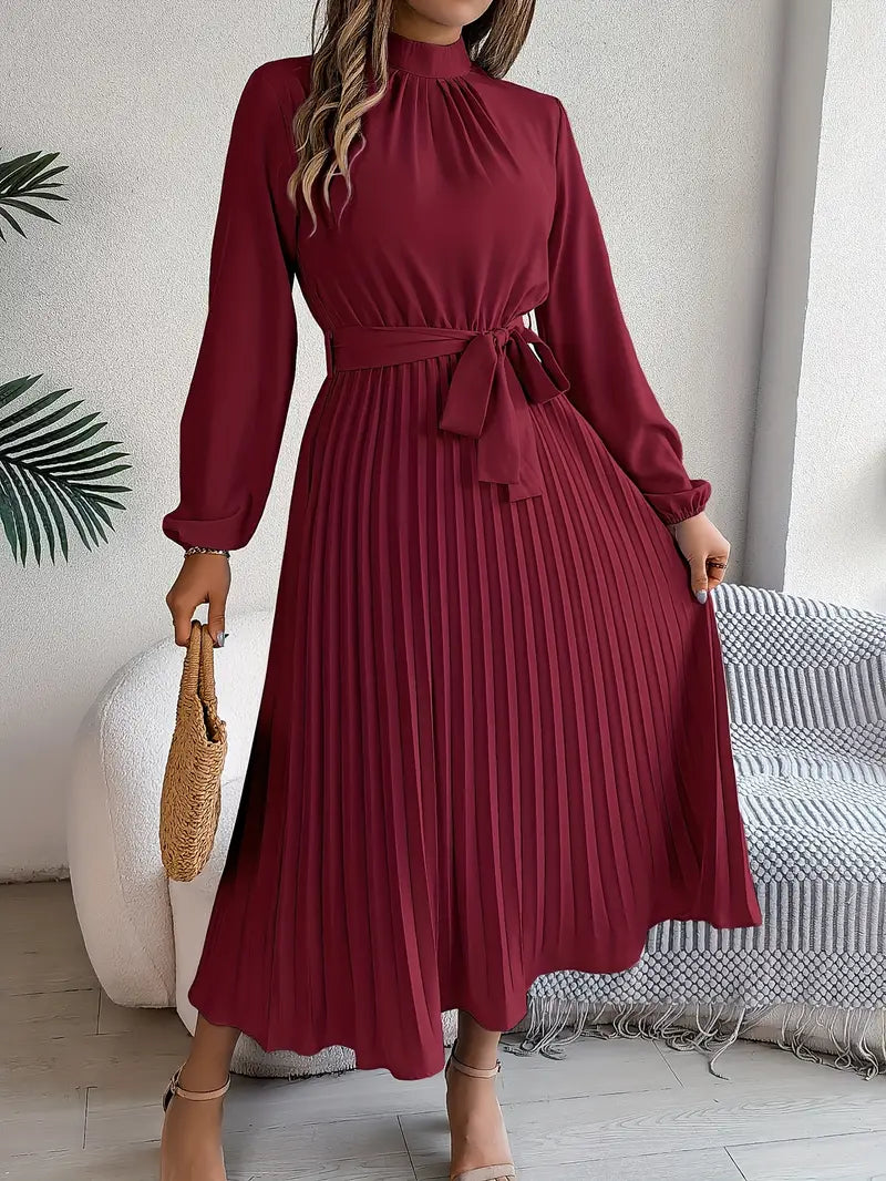 Long Sleeve Pleated Dress with Removable Belt and Hidden Zipper, Lightweight Polyester