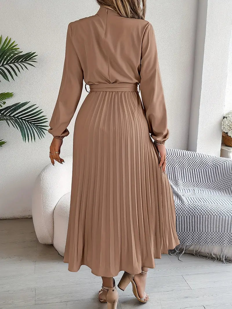 Long Sleeve Pleated Dress with Removable Belt and Hidden Zipper, Lightweight Polyester