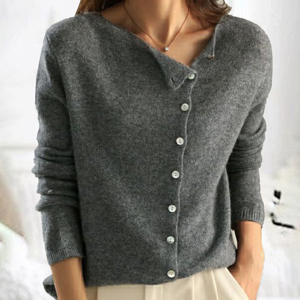 V-Neck Sweater with Button Front and Tailored Relaxed Fit, Soft Knit