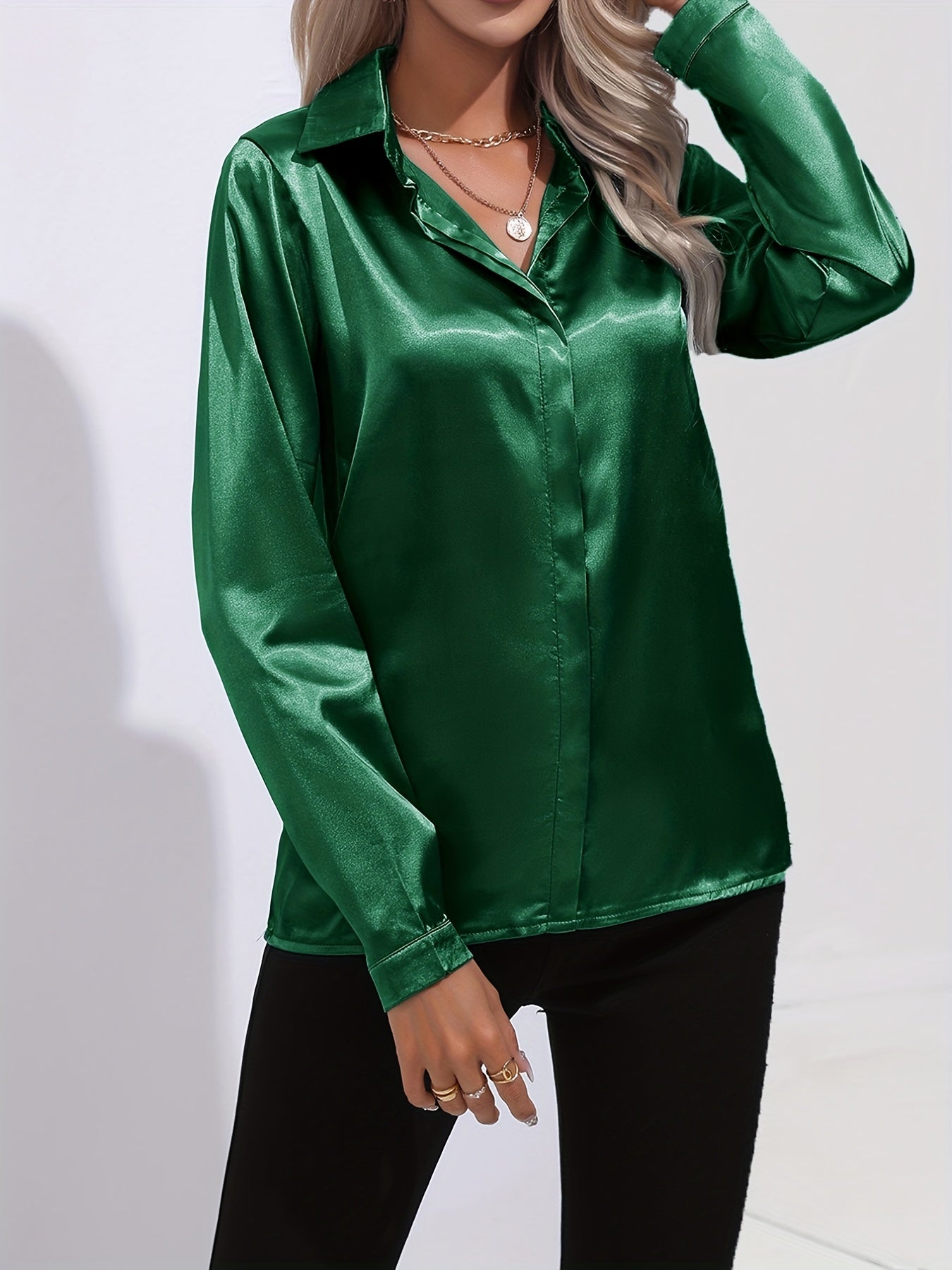 Satin Blouse for Women with Button Down Front and Long Sleeves, Tailored Relaxed Fit