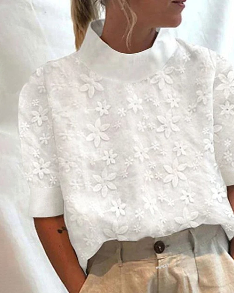 Embroidered Stand Collar Blouse with Floral Detail and Relaxed Fit