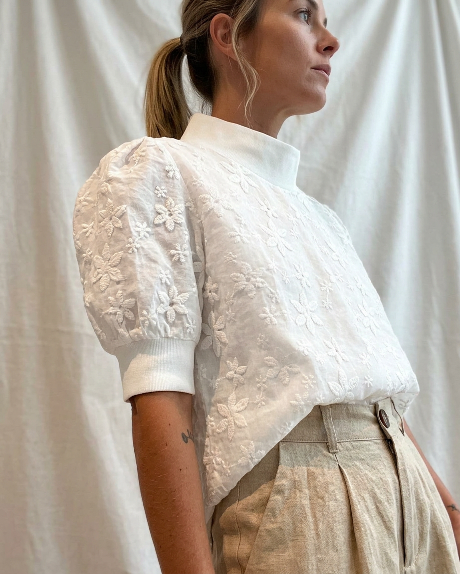 Embroidered Stand Collar Blouse with Floral Detail and Relaxed Fit