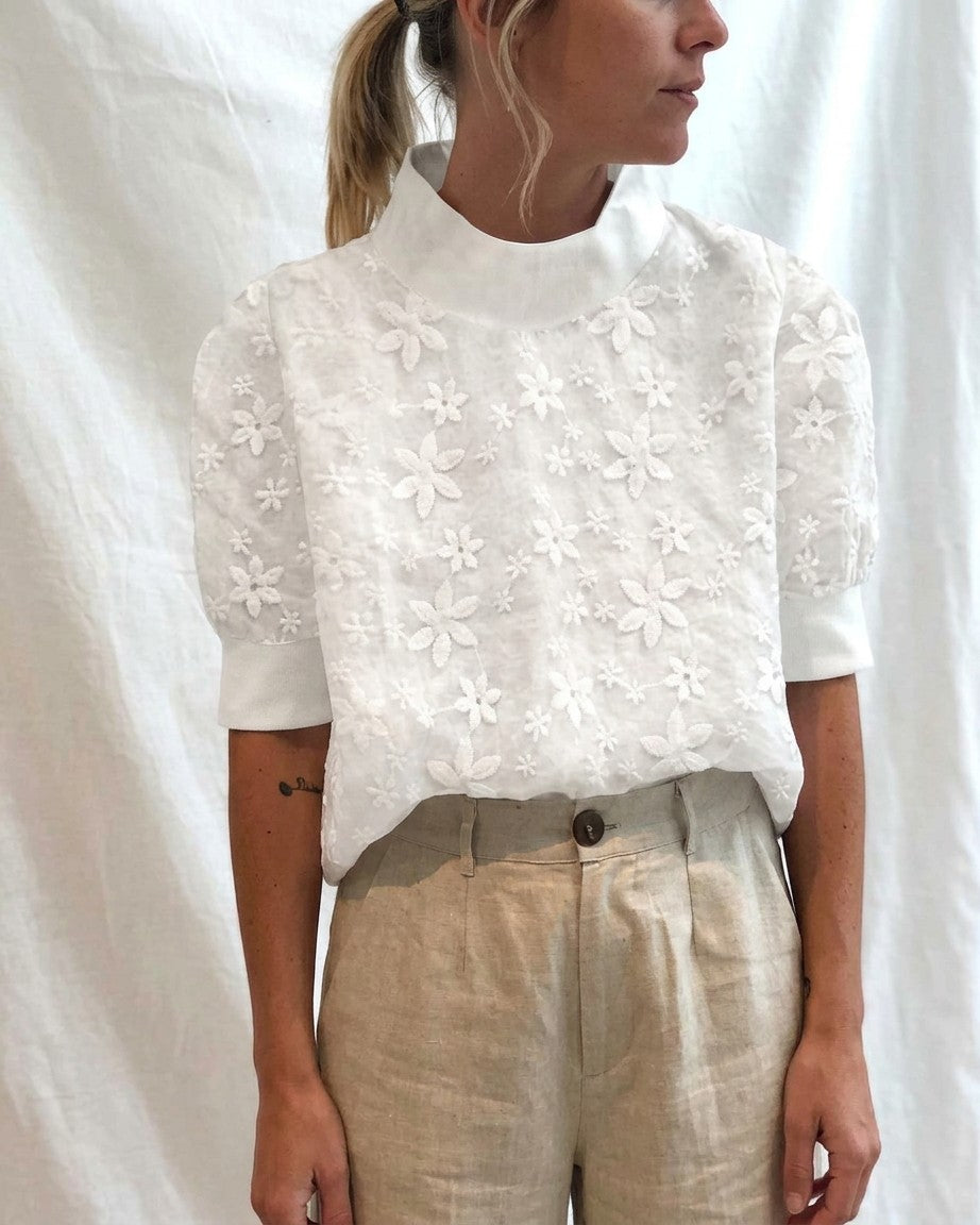 Embroidered Stand Collar Blouse with Floral Detail and Relaxed Fit