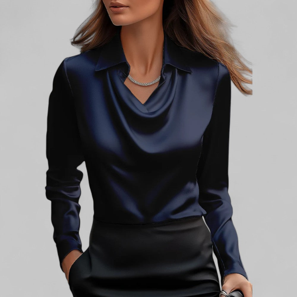 Women's Satin Blouse with Draped Neckline and Long Sleeves, Relaxed Tailored Fit