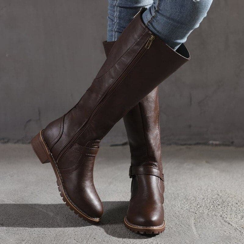 Knee-High Boots for Women with Decorative Buckle and Inner Side Zip, Soft Lining