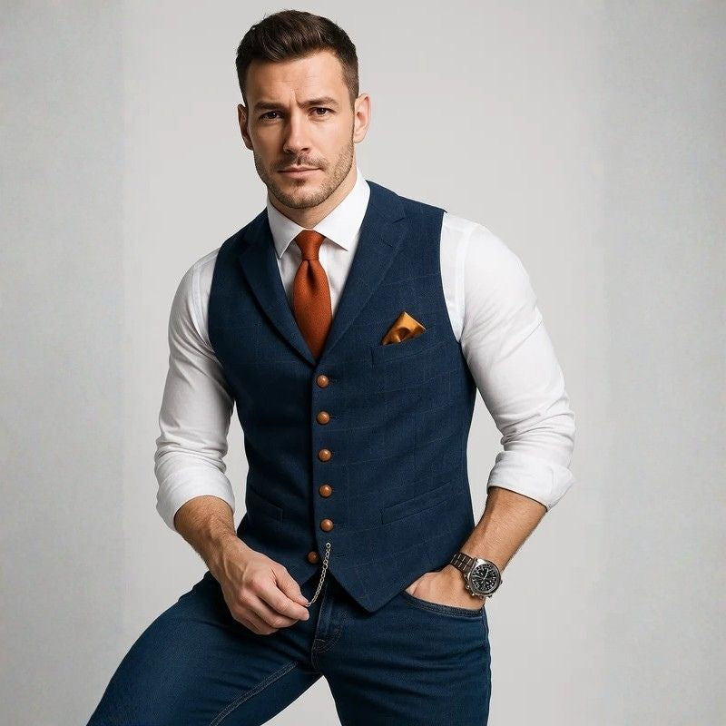 Mens Tweed Waistcoat with Notched Collar and Button Closure, Checked Silhouette