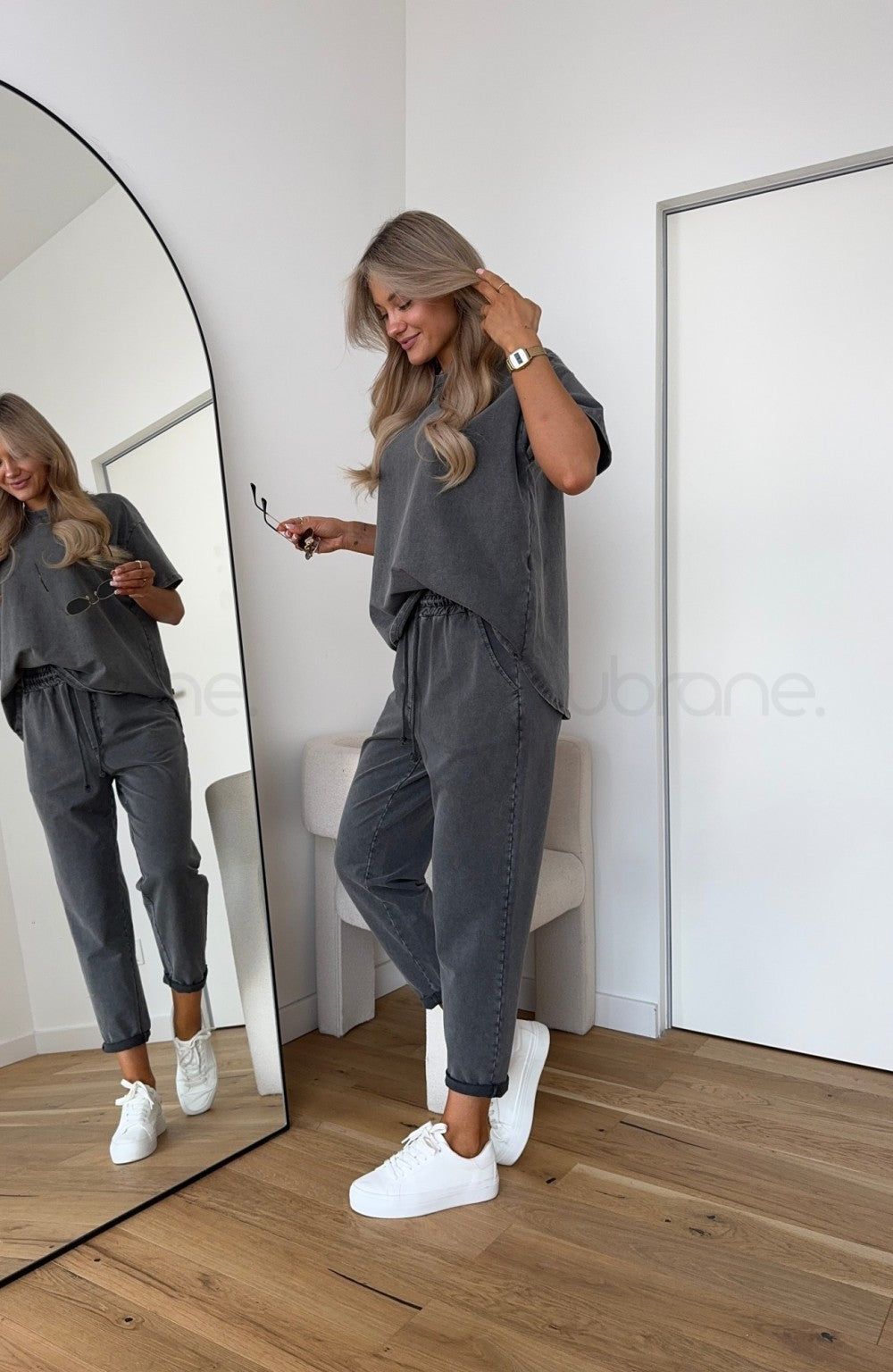 Two-Piece Lounge Set with Adjustable Waist and Ripped Detail, Short Top, Pants