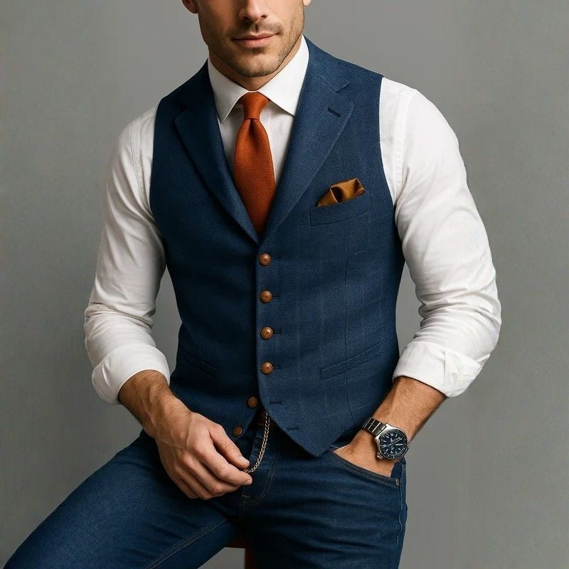 Mens Tweed Waistcoat with Notched Collar and Button Closure, Checked Silhouette
