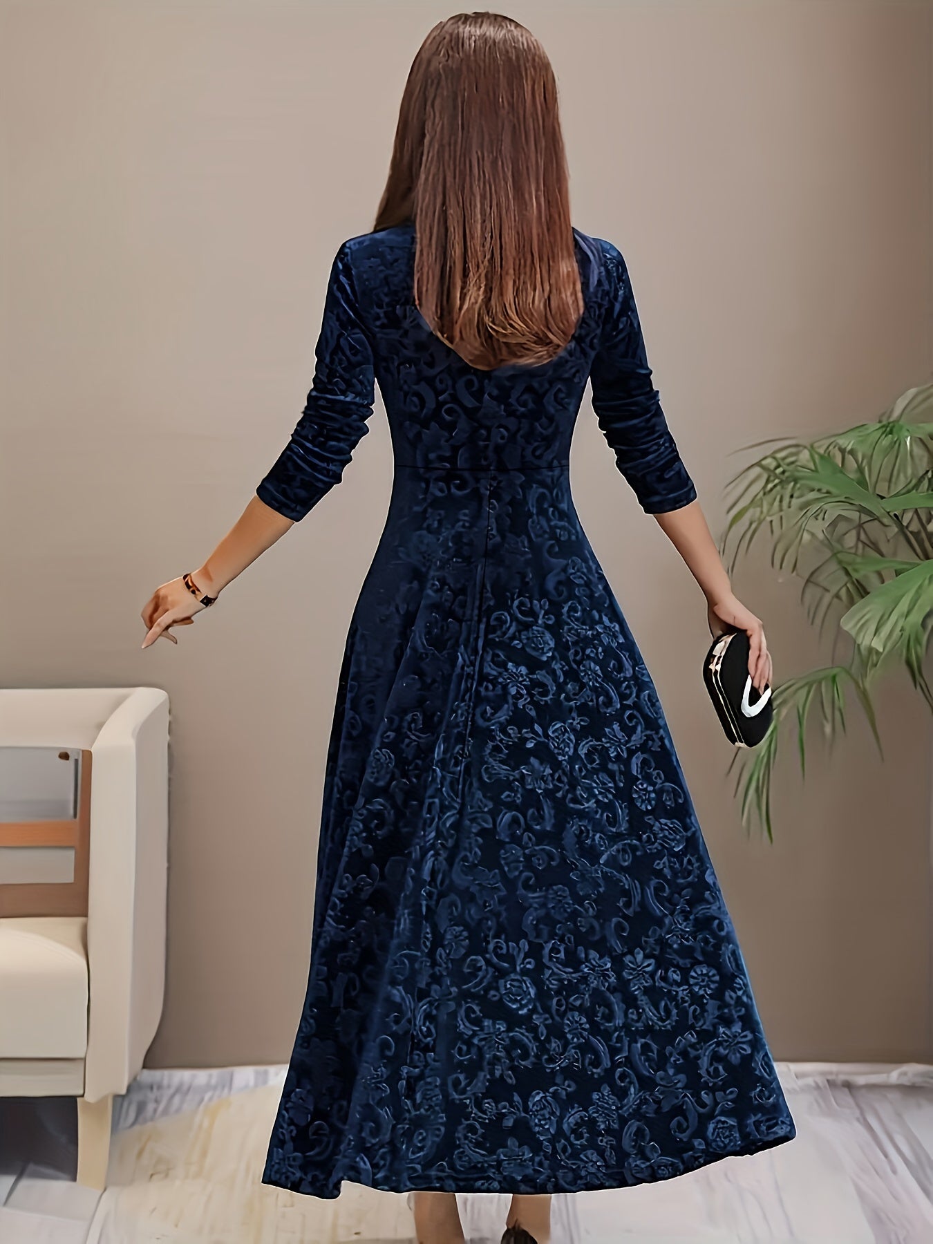 Velvet Midi Dress with Floral Embroidery and Three-Quarter Sleeves, Back Zipper