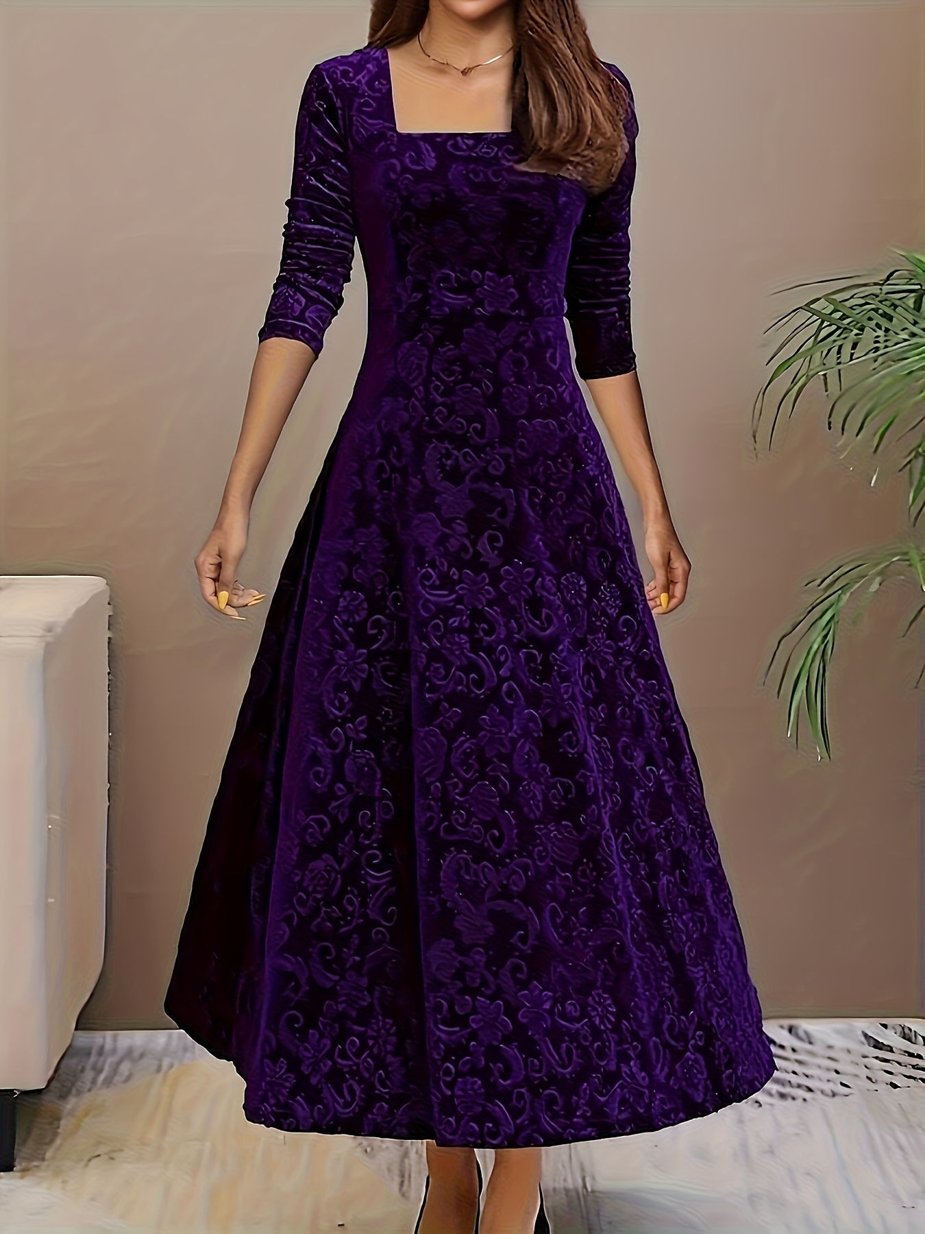 Velvet Midi Dress with Floral Embroidery and Three-Quarter Sleeves, Back Zipper