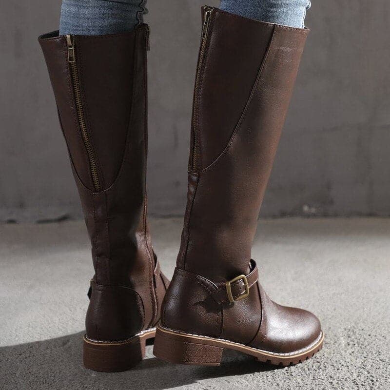 Knee-High Boots for Women with Decorative Buckle and Inner Side Zip, Soft Lining