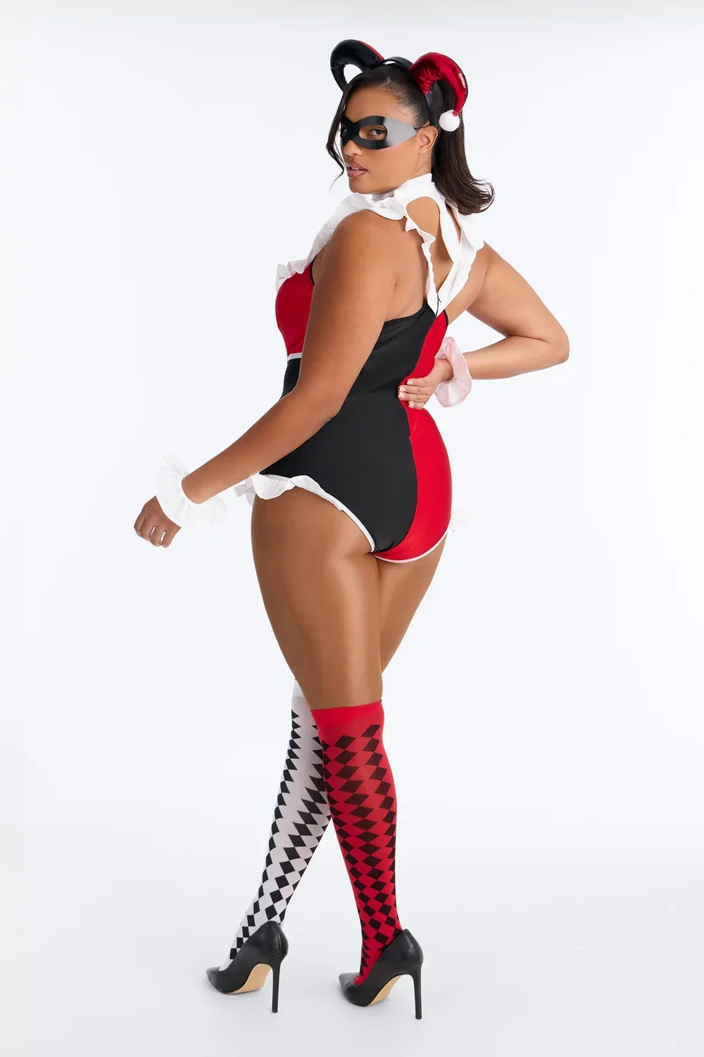 Red and Black Comic Costume Set with Bodysuit, Stockings, Mask and Accessories