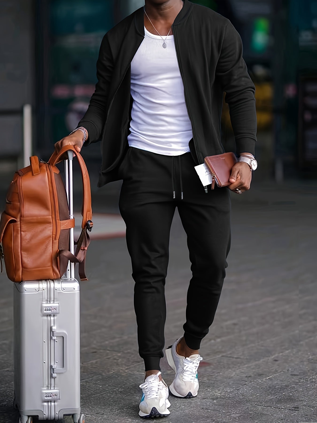 Men's Travel Tracksuit with Zip Jacket and Tapered Joggers, Lightweight Knit