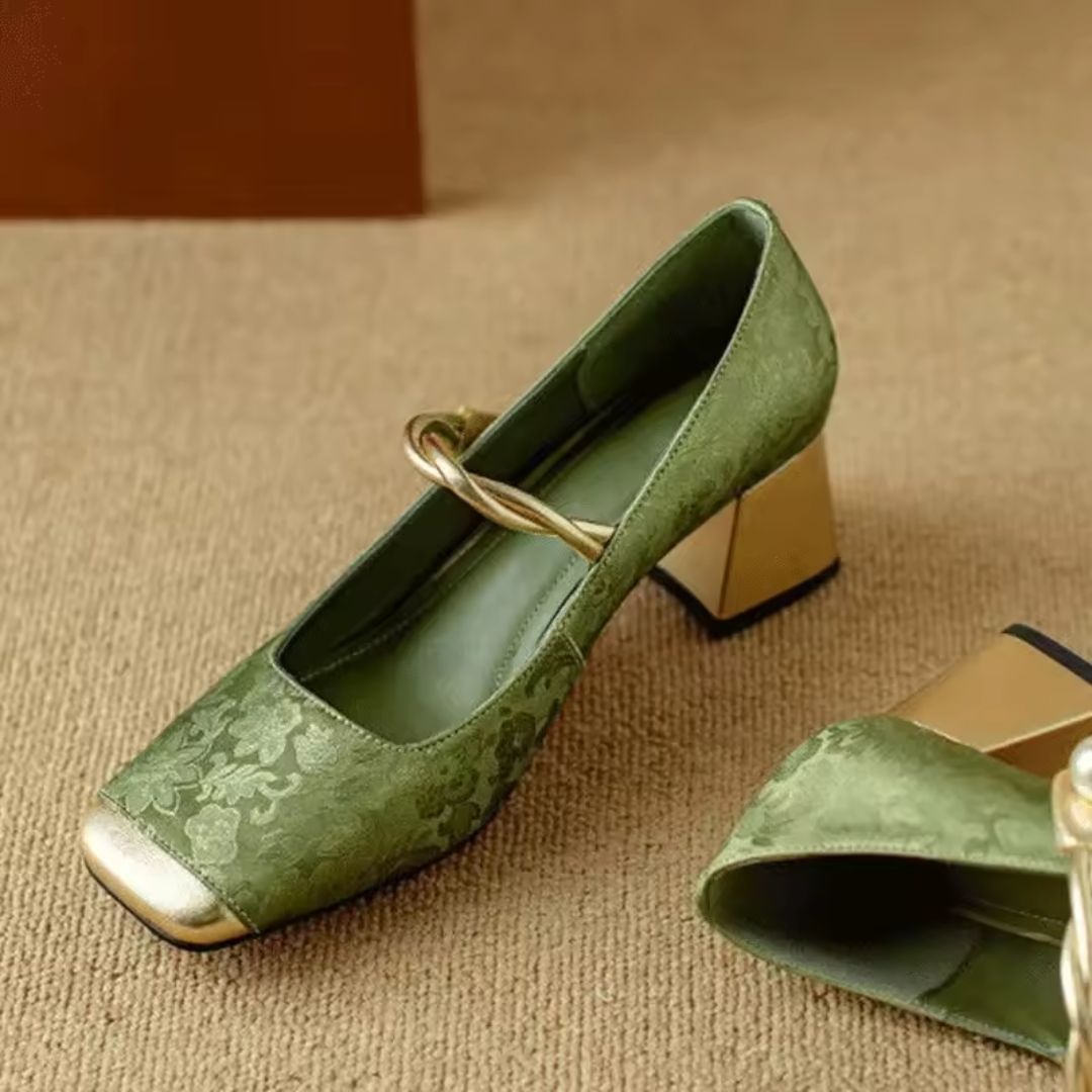 Women's Gold Heels with Pearl Twist Strap and Padded Insole, Square Toe Floral