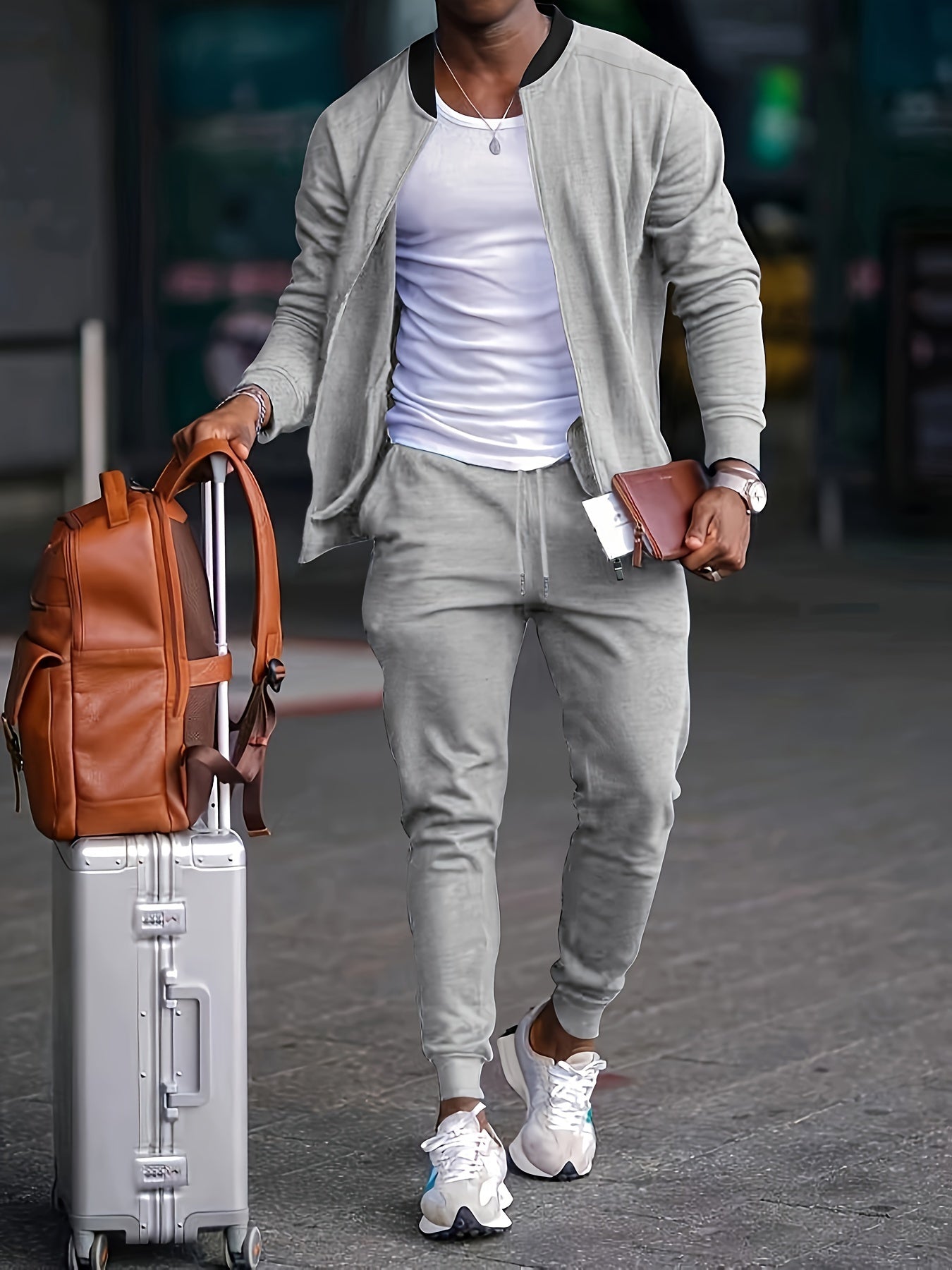 Men's Travel Tracksuit with Zip Jacket and Tapered Joggers, Lightweight Knit